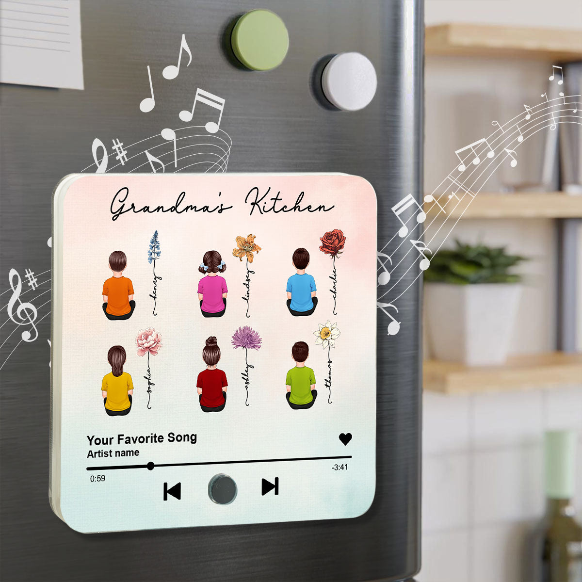 Grandma's Kitchen Grandkids Sitting, Birth Month Flower Personalized Music Fridge Magnet, Heartfelt Gift, Birthday Gift for Grandma