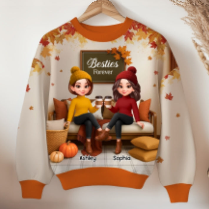 Fall Season Besties Sisters Sitting On Cozy Sofa Personalized 3D Sweatshirt