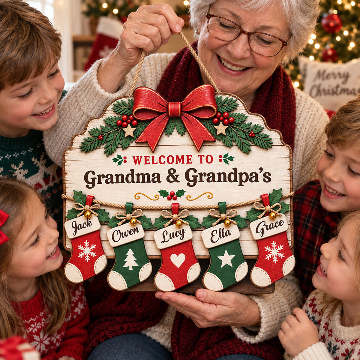 Merry Christmas Family Stockings 2D Flat Printed - Personalized Wood Sign - Christmas Decor For Family, Grandparents