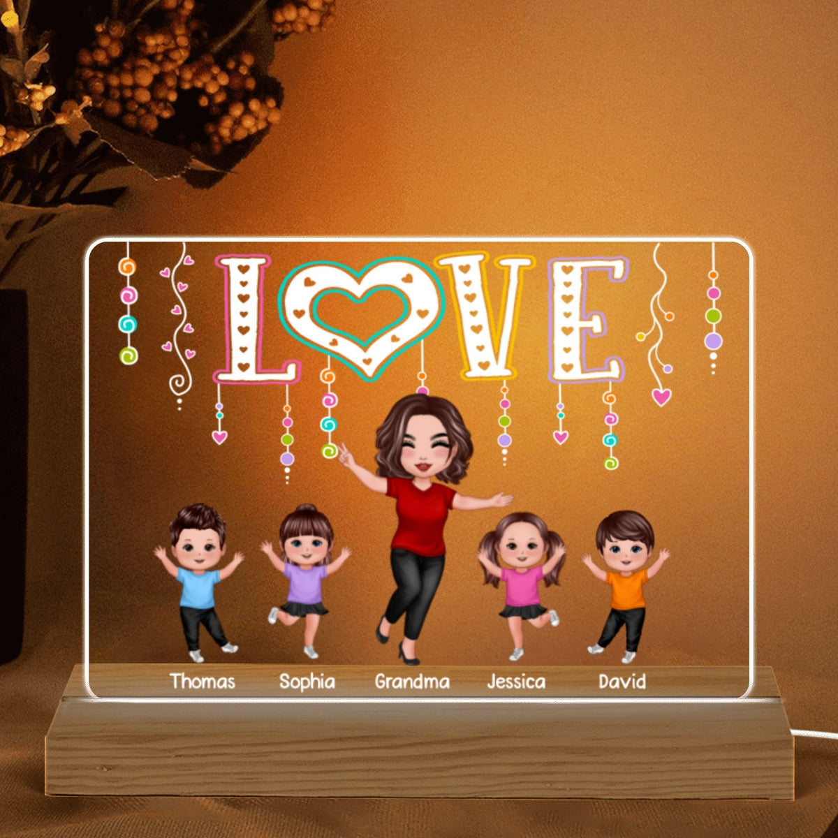 LOVE Happy Doll Grandma Mom With Kids Personalized Custom Shape Acrylic Plaque LED Night Light