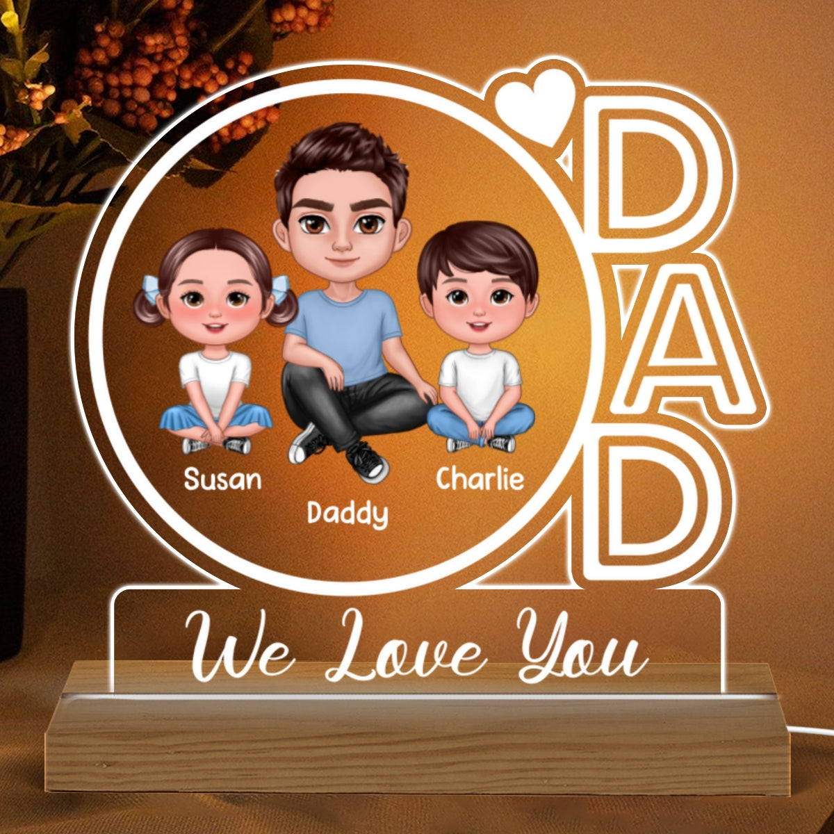 Dad We Love You Doll Man & Kids Personalized Custom Shape Acrylic Plaque With Warm LED Night Light