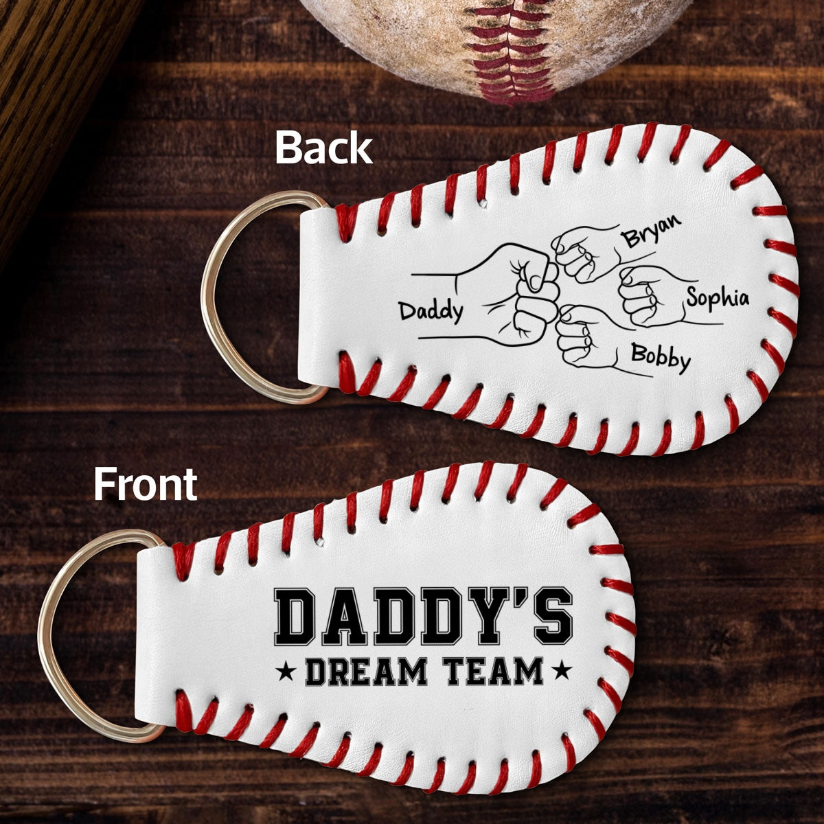 Baseball Family Team Daddy's Team Fist Bumps Personalized Baseball Leather Keychain