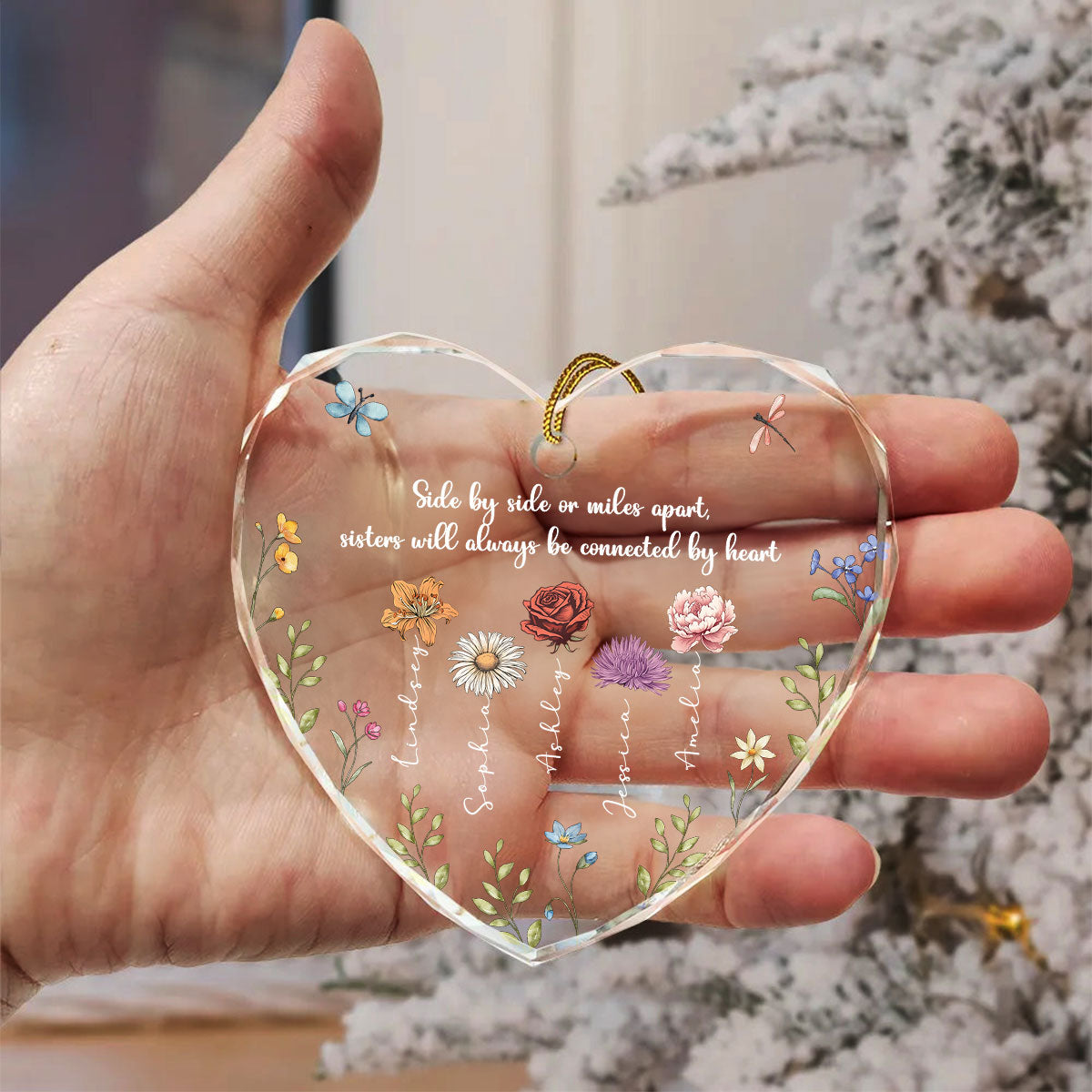 Sisters Are Different Flowers From The Same Garden Personalized Heart Glass Ornament, Christmas Gift For Sisters