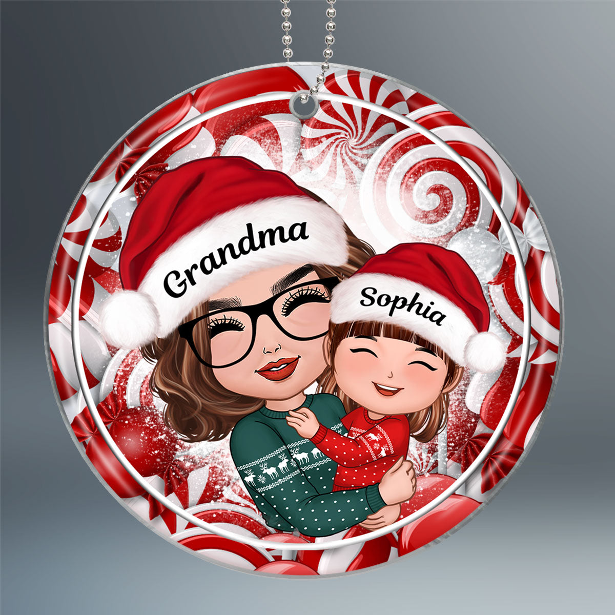 Christmas Candy Cane Grandma Hugging Grandkid Personalized Acrylic Ornament