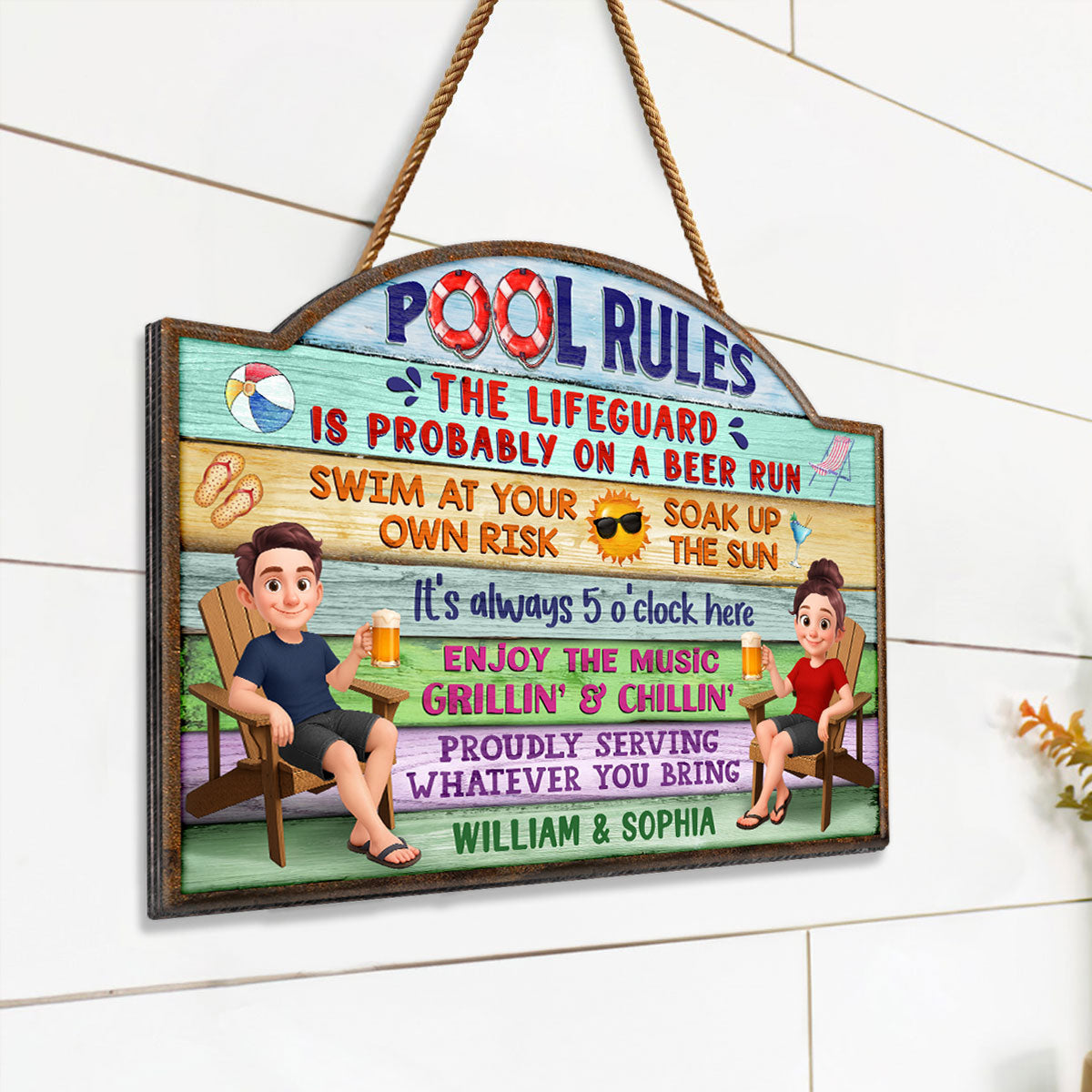 Cute Cartoon Couple Family Pool Rule Personalized Wood Sign