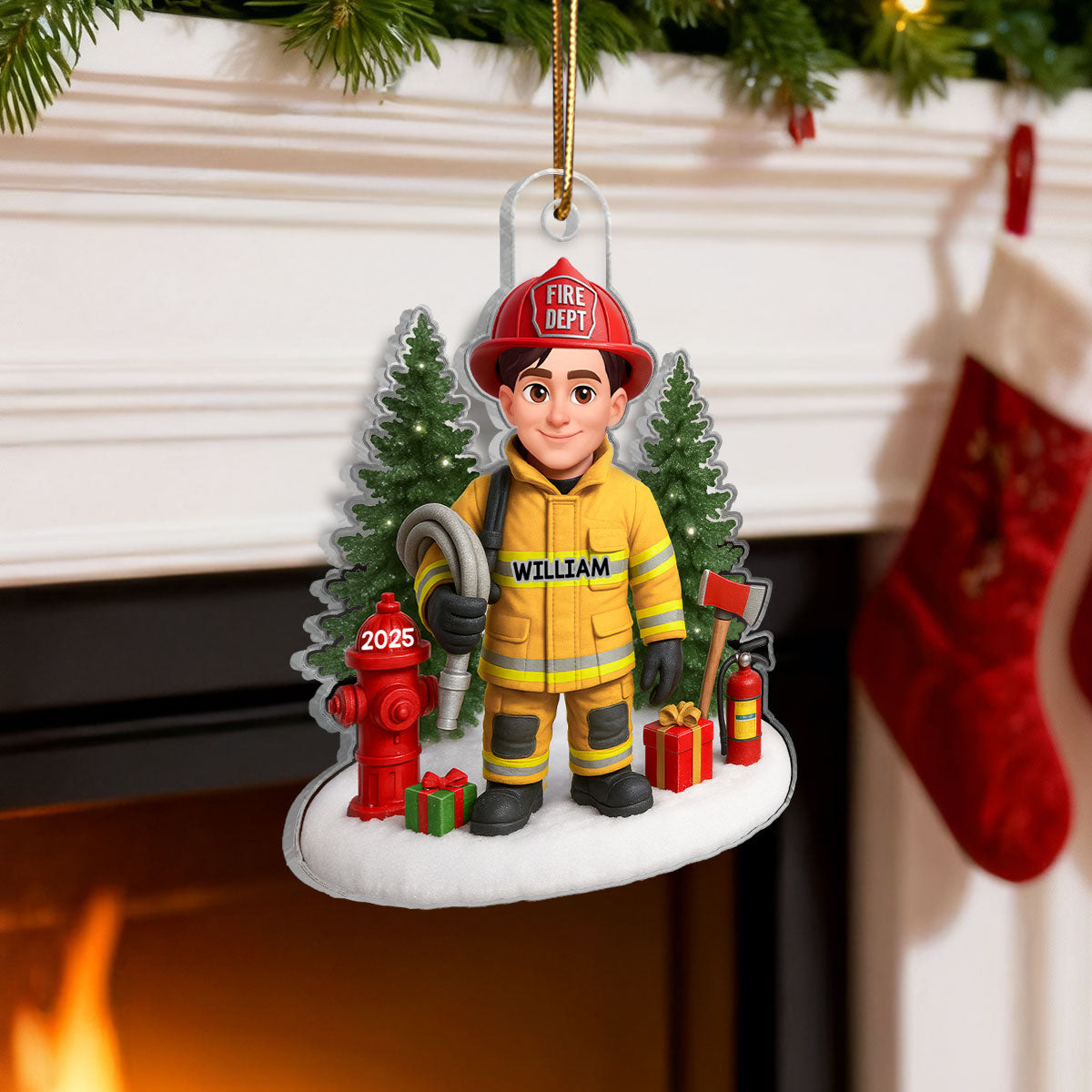 3D Effect Proud Firefighter With Signature Symbols Christmas - Personalized Acrylic Ornament