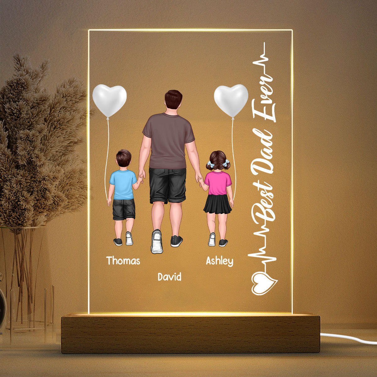 Dad And Kid Walking Heart Beat Personalized Rectangle Acrylic LED Night Light
