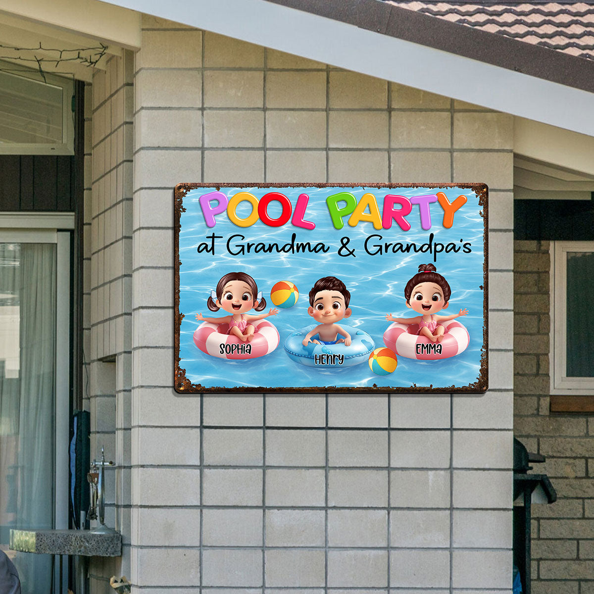 Pool Party At Grandma Grandpa Personalized Metal Sign