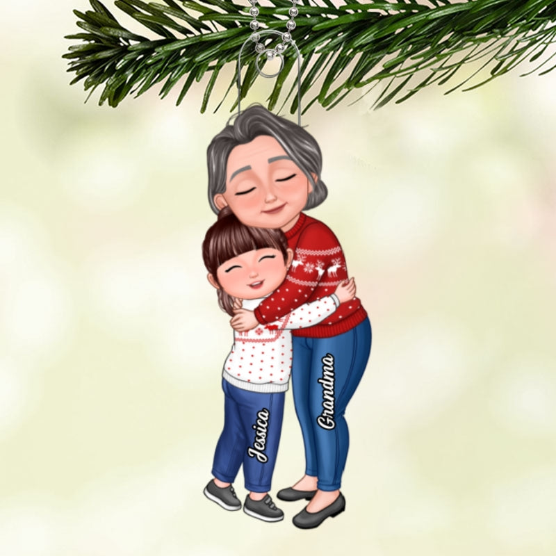 New Face Grandma & Grandkid Hugging Eyes Closed Personalized Acrylic Ornament