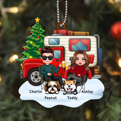 Couple And Dogs Camping Personalized Christmas Wooden Ornament