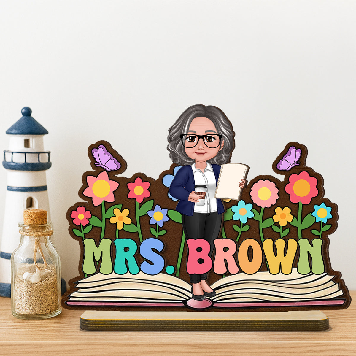 Teacher Flowers Book Personalized Standing Wooden Plaque, Back To School Gift for Teachers