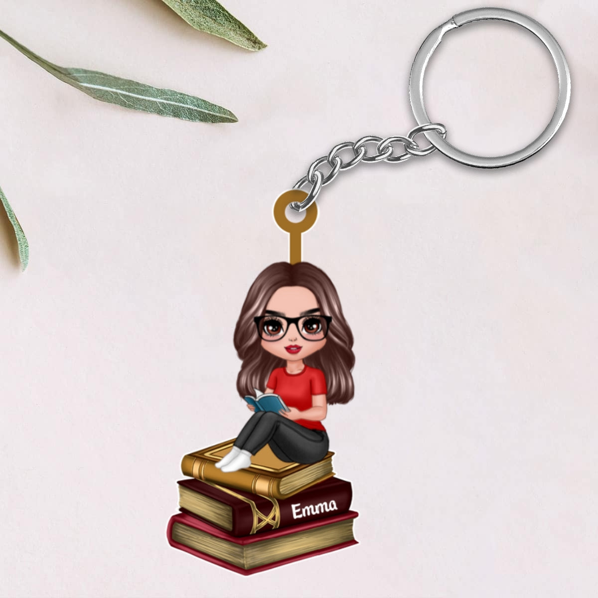 Reading Girls Sitting On Books Personalized Acrylic Keychain - Gift For Book Lover