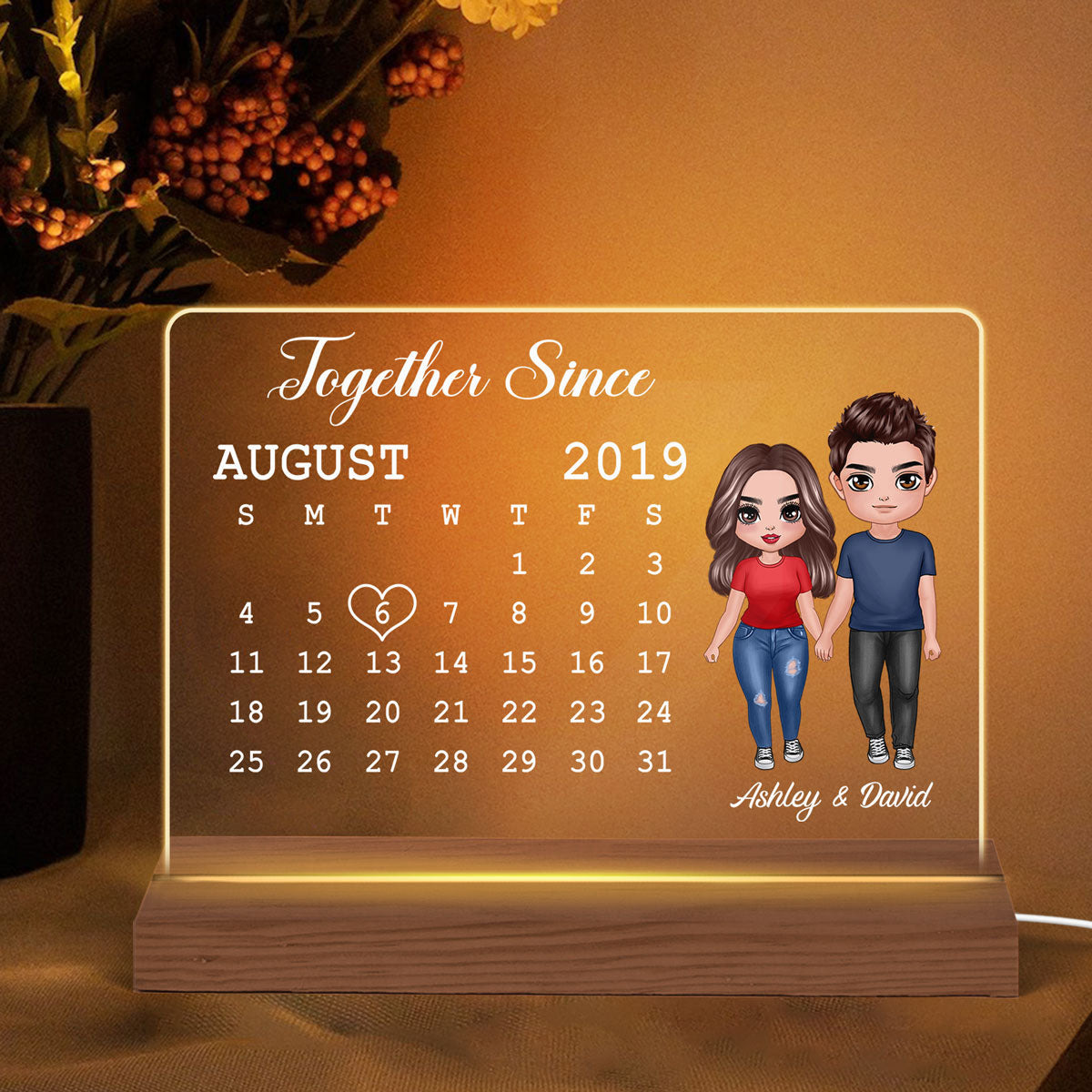 Doll Couple Standing Calendar Anniversary Date Gift For Him For Her Personalized Custom Shape Acrylic Plaque LED Night Light