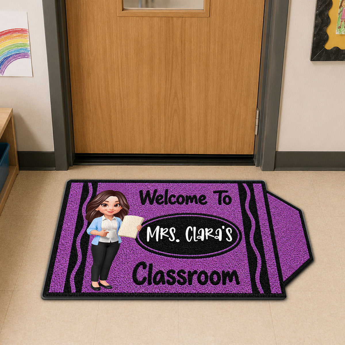 Happy Crayon Teacher Welcome To Classroom - Personalized Doormat - Back To School Gift For Teacher, Classroom Decor