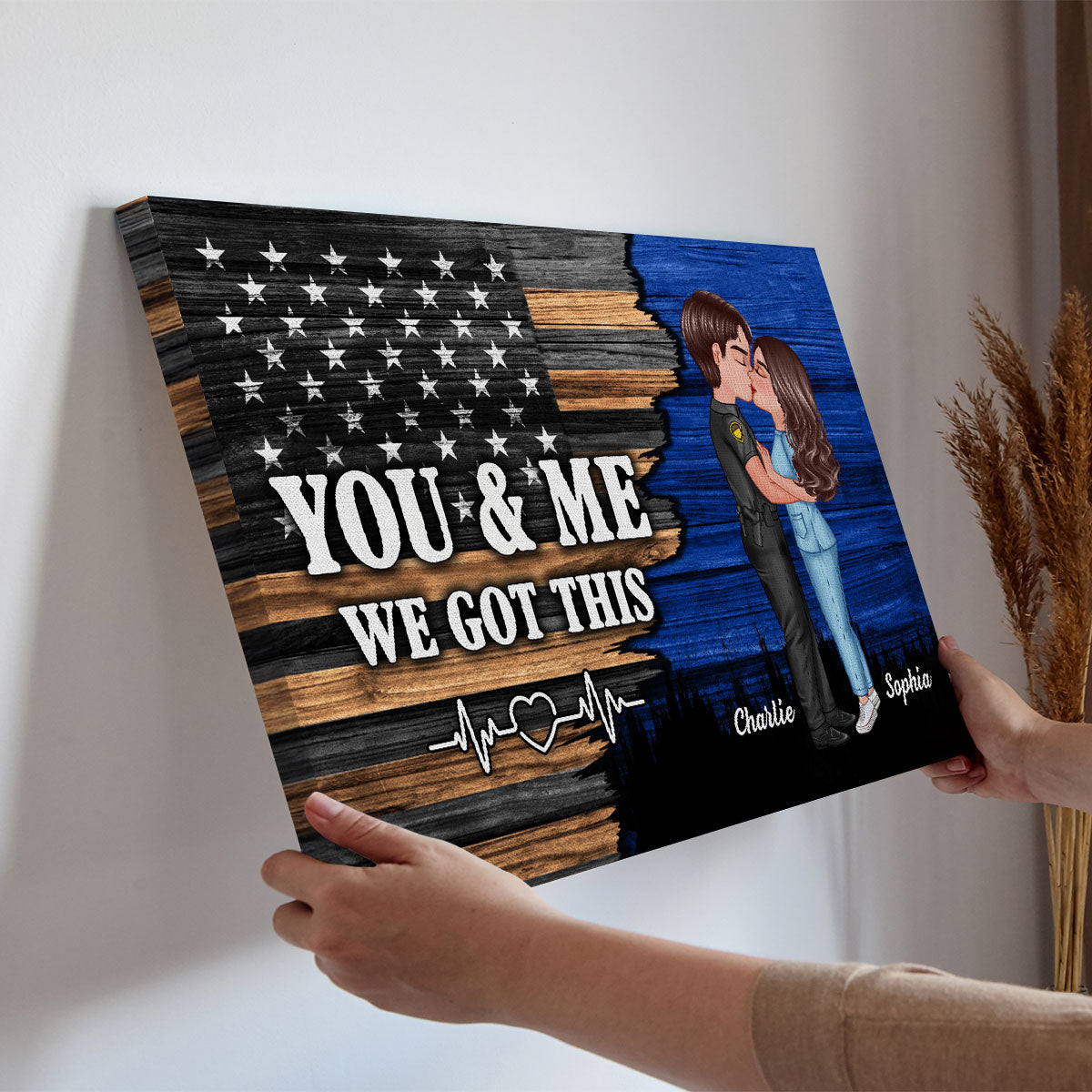 Hero Couple Kissing Half Flag Gifts by Occupation Firefighter, Nurse, Police Officer Personalized Canvas