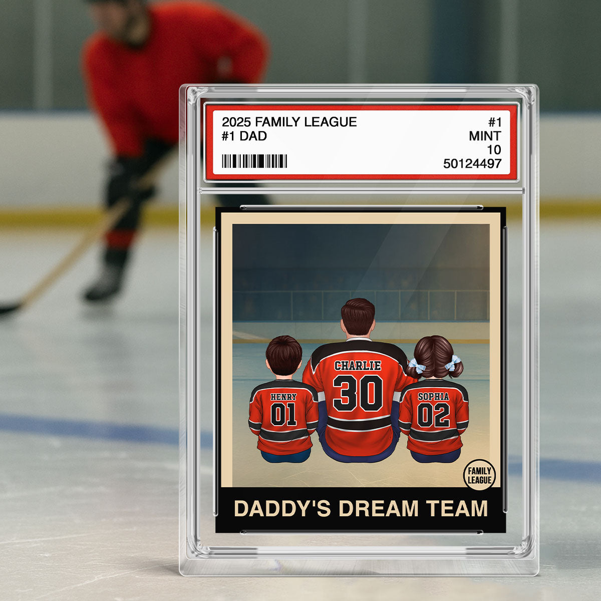 Hockey No. 1 Dad Man & Kids Sitting Trading Card Style Personalized Acrylic Block Plaque