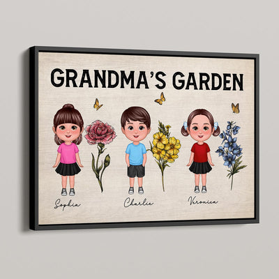 Grandma‘s Garden Cute Grandkids Standing With Beautiful Vintage Birth Flowers Personalized Poster