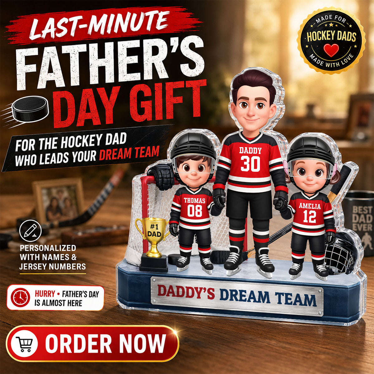 Daddy's Dream Team Hockey Dad & Kids - Personalized Acrylic Block Plaque - Father's Day Gift For Dad, Husband