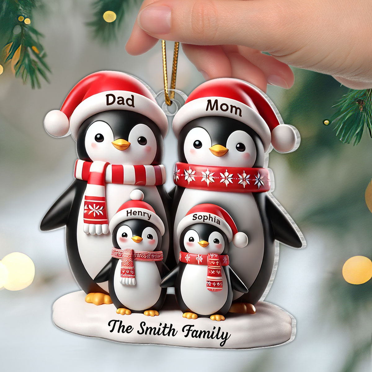 3D Effect Penguins Family Christmas Personalized Acrylic Ornament