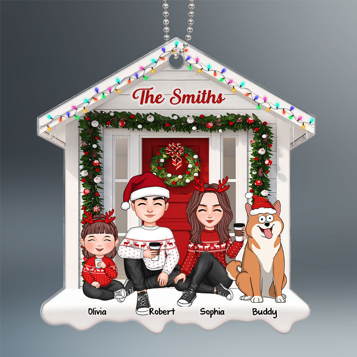 Cute Family Sitting Christmas Front Porch House Shaped Personalized Acrylic Ornament