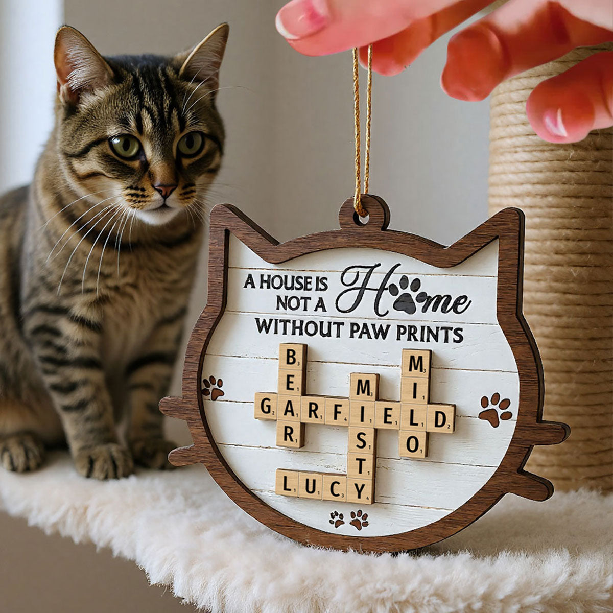 Cat Face Shape A House Is Not A Home Without Paw Prints Crossword Art Personalized 2-Layer Wooden Ornament