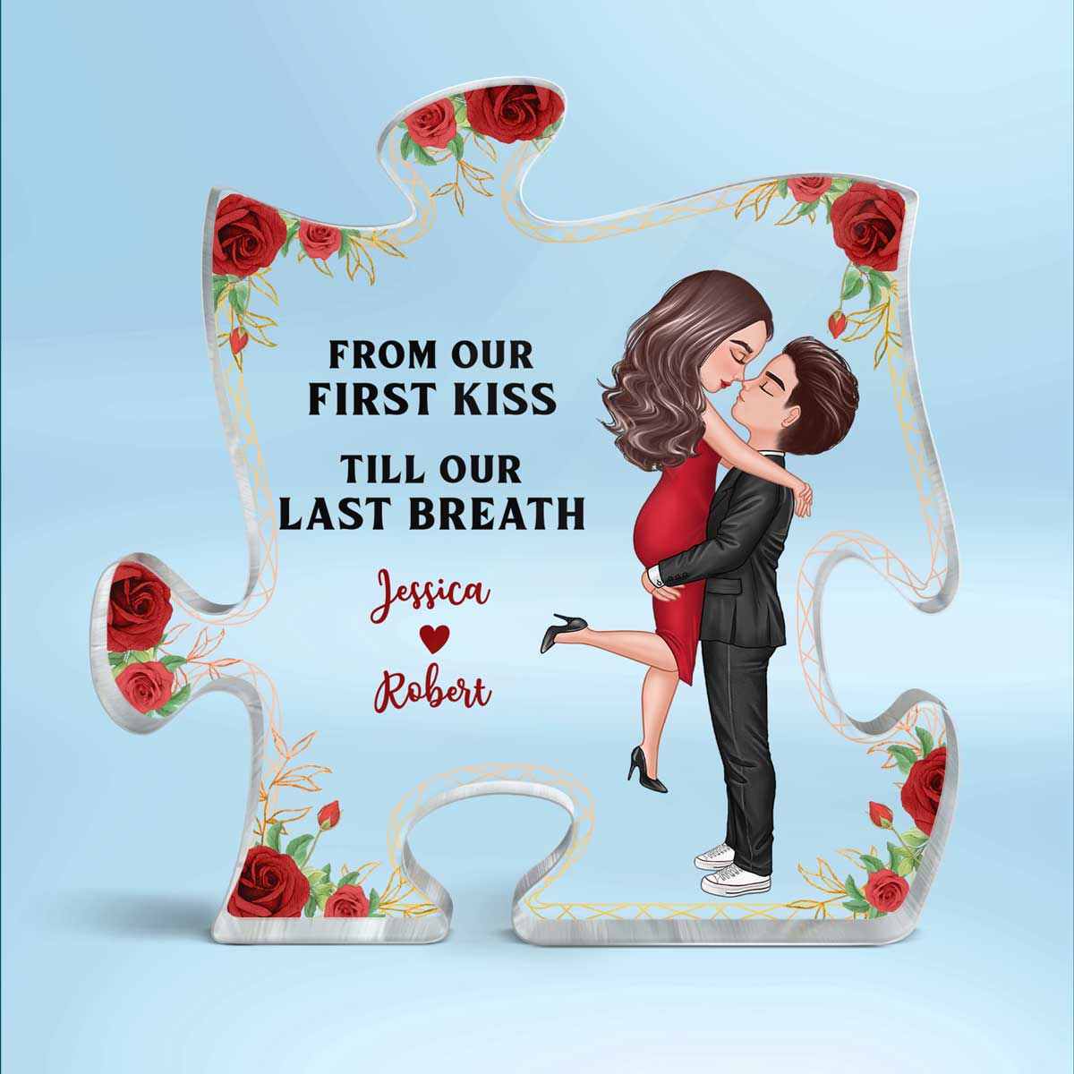 Hugging Couple From Our First Kiss Couple Personalized Acrylic Puzzle Plaque