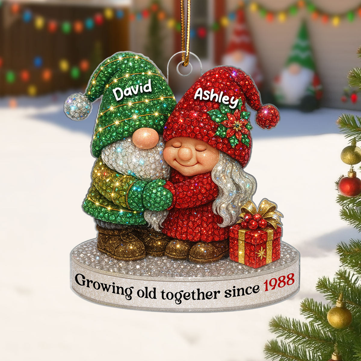 Crystal 3D Effect Gnome Old Couple - Personalized Acrylic Ornament - Christmas Gift for Couple, Husband, Wife