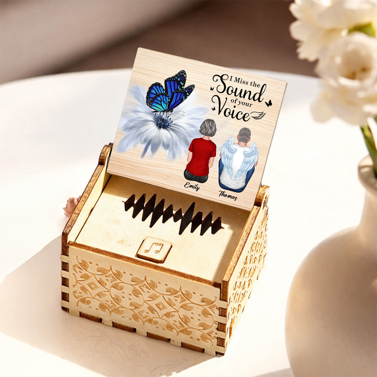 Upload Voice Message Butterfly On Daisy Miss Your Voice - Personalized Wooden Music Box - Memorial Gift, Remembrance Keepsake