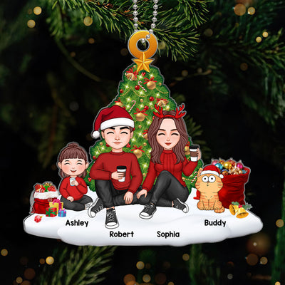 Family Sitting On Snow Christmas Tree Personalized Acrylic Ornament