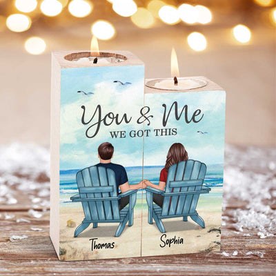 Back View Couple Sitting Beach Landscape Personalized Candle Holder