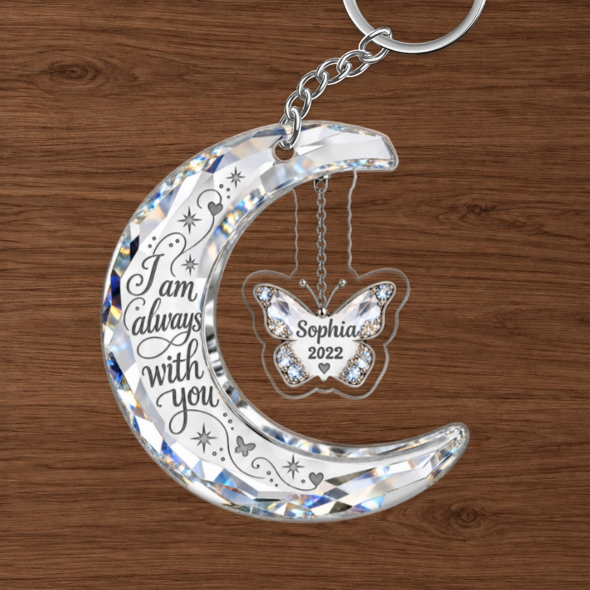 Always With You Memorial Crystal Moon & Butterfly Ornament 2D Flat - Personalized Acrylic Keychain - Sympathy Gift