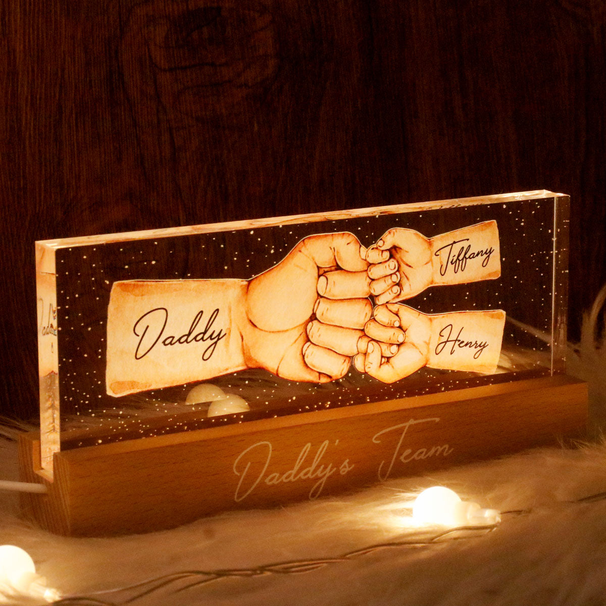 Daddy's Team Fist Bump - Personalized Acrylic Block Plaque LED Night Light - Gift For Dad, Gift For Husband, Gift For Grandpa