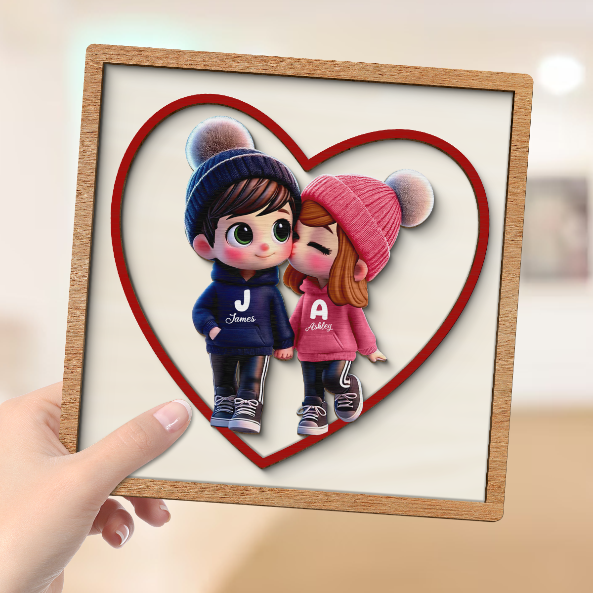 3D Effect Personalized Initials Heart Sign Personalized 2-Layered Wooden Plaque, Cute Cartoon Couple Walking, Tiered Tray Valentines Signs or Shelf Signs