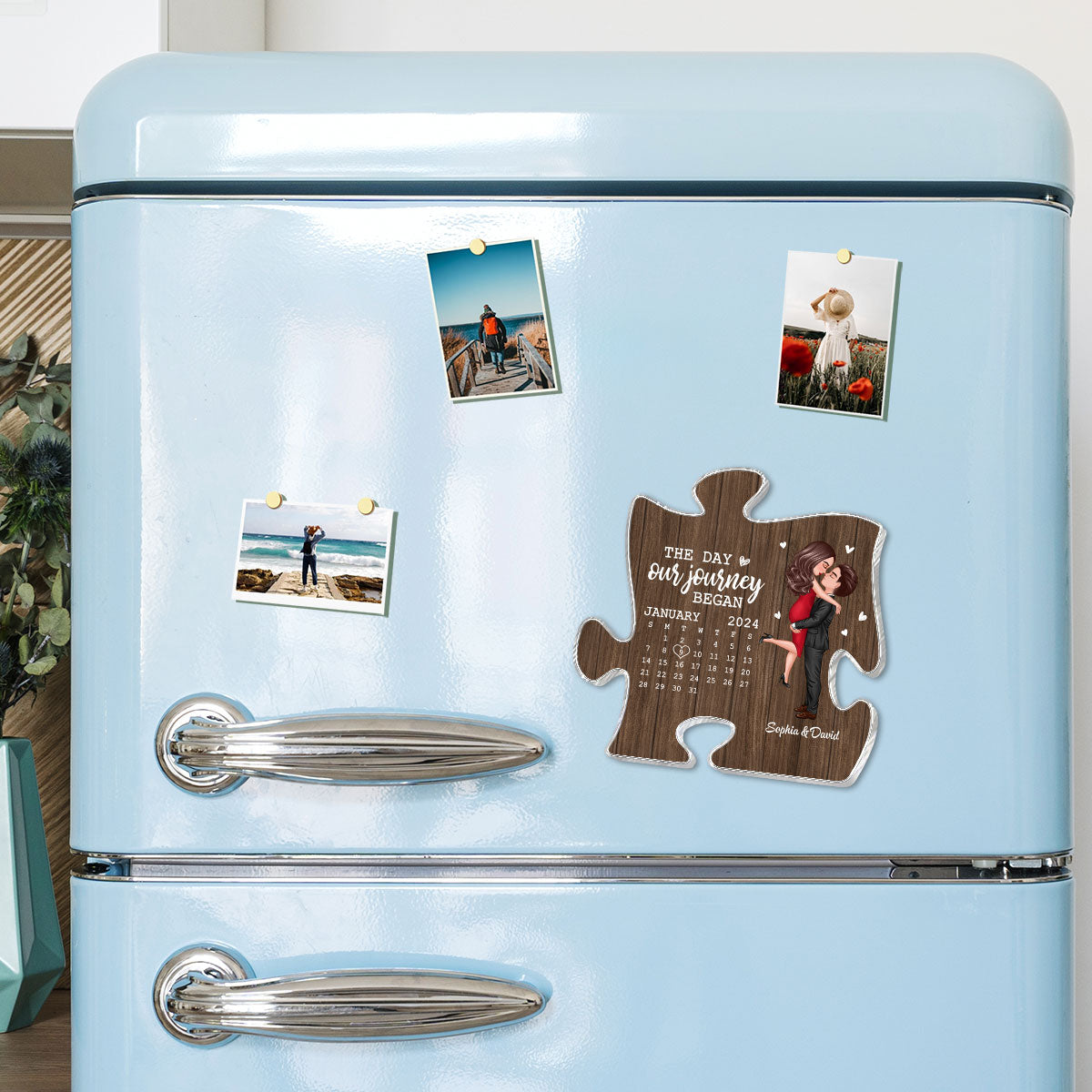 The Day Journey Began Couple Hugging Kissing Anniversary Calendar Keepsake Puzzle Shaped Personalized Acrylic Fridge Magnet