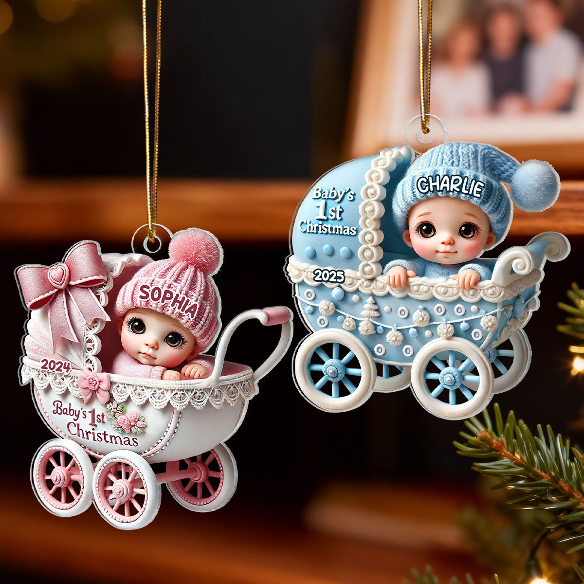 3D Effect Newborn Baby In Carriage Christmas Personalized Flat Acrylic Ornament, Christmas Gift For Newborns, New Parents