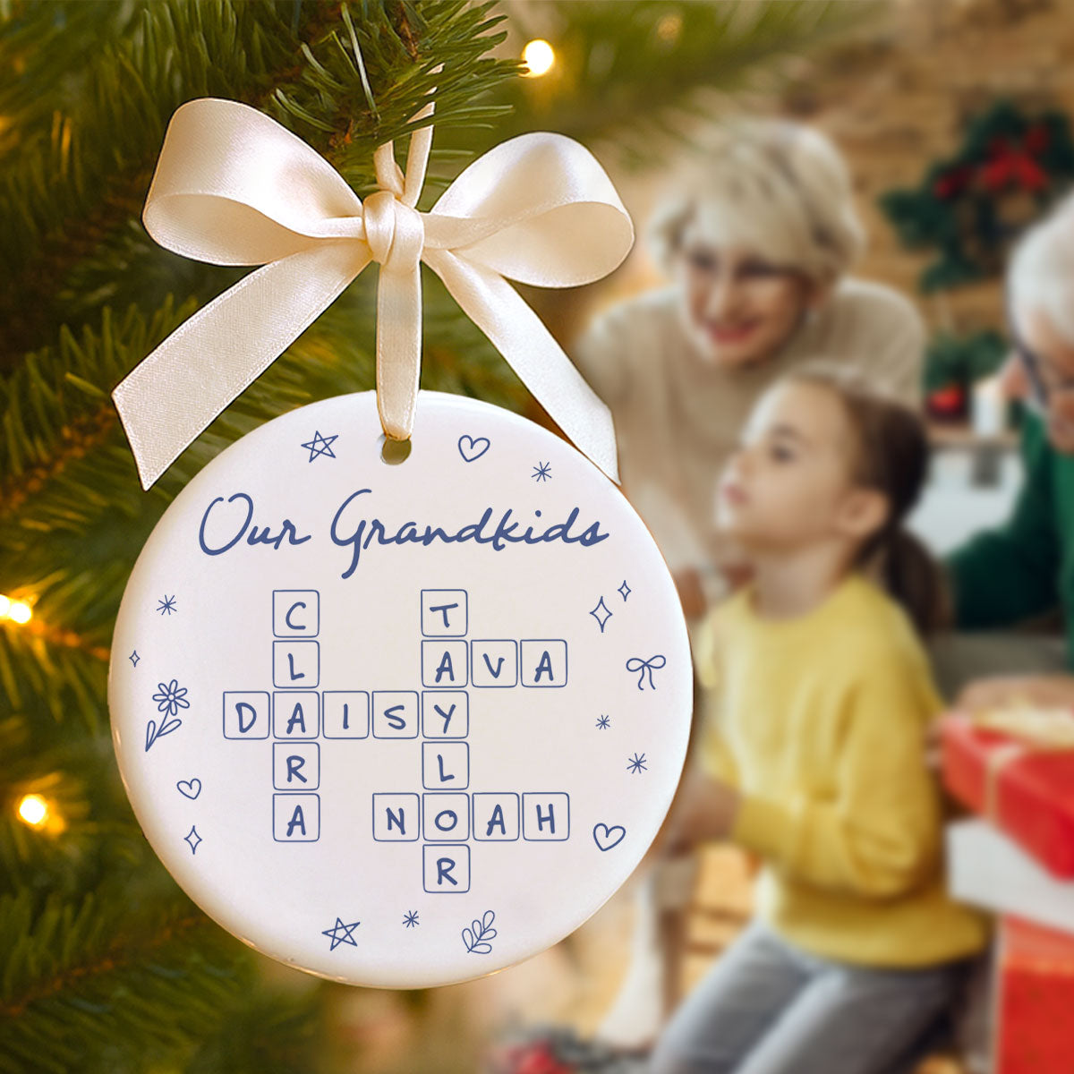 Our Grandkids Line Art Doodle Things Crossword Puzzle Art Gift For Grandma Personalized Ceramic Ornament