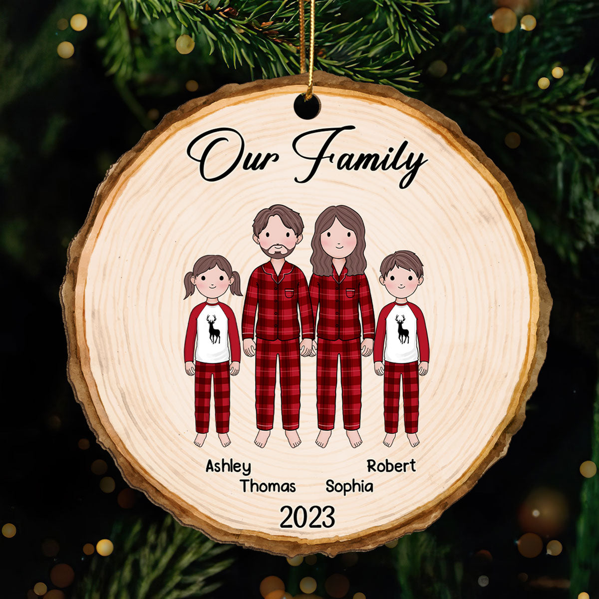 Simple Cartoon Whole Family Dad Mom Kid Dog Cat Wood Slice Christmas Personalized Wooden Ornament