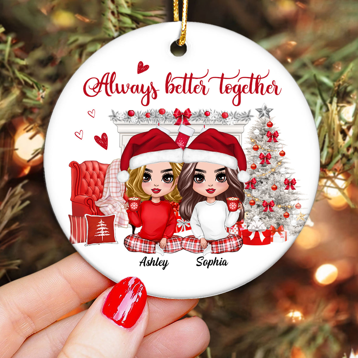 White Christmas Pajamas Doll Besties Sisters Sitting Personalized Circle Ornament