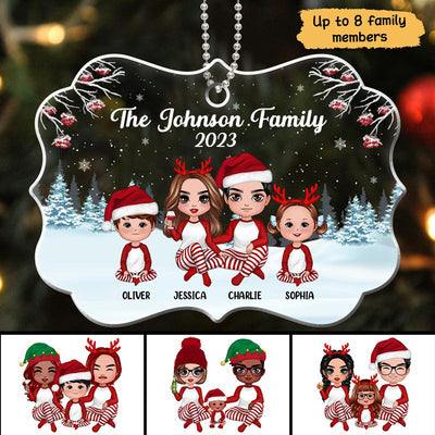Pajamas Doll Family Sitting In Snow Personalized Acrylic Ornament