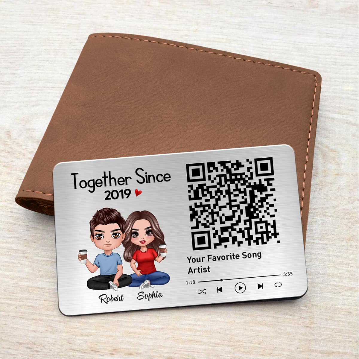 Doll Couple Sitting Together Favorite Song Scannable QR Code Personalized Metal Wallet Card