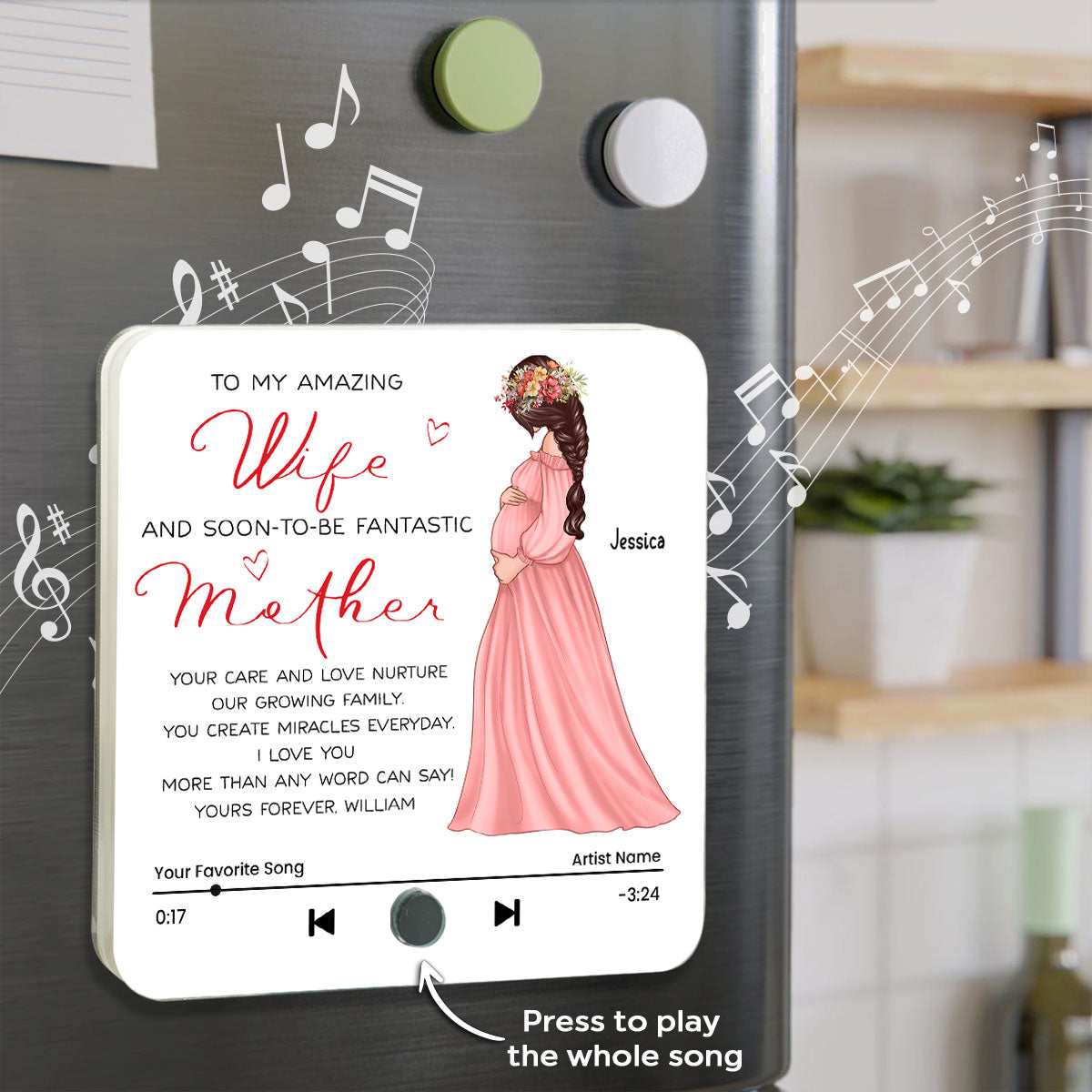 To My Amazing Wife And Soon-To-Be Fantastic Mother Personalized Music Fridge Magnet, Perfect Gift For Pregnant Wife, Custom Favorite Song As Messages