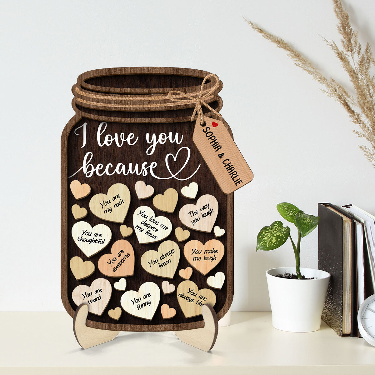 Couple I Love You Because Hearts In Mason Jar Personalized 2-Layer Wooden Plaque