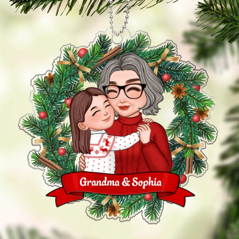 Christmas Wreath Grandma Grandkid Hugging Personalized Acrylic Ornament