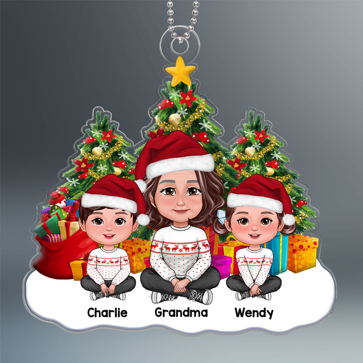 Grandma & Grandkids Sitting Crossed Legs Christmas Tree Gift Personalized Acrylic Ornament