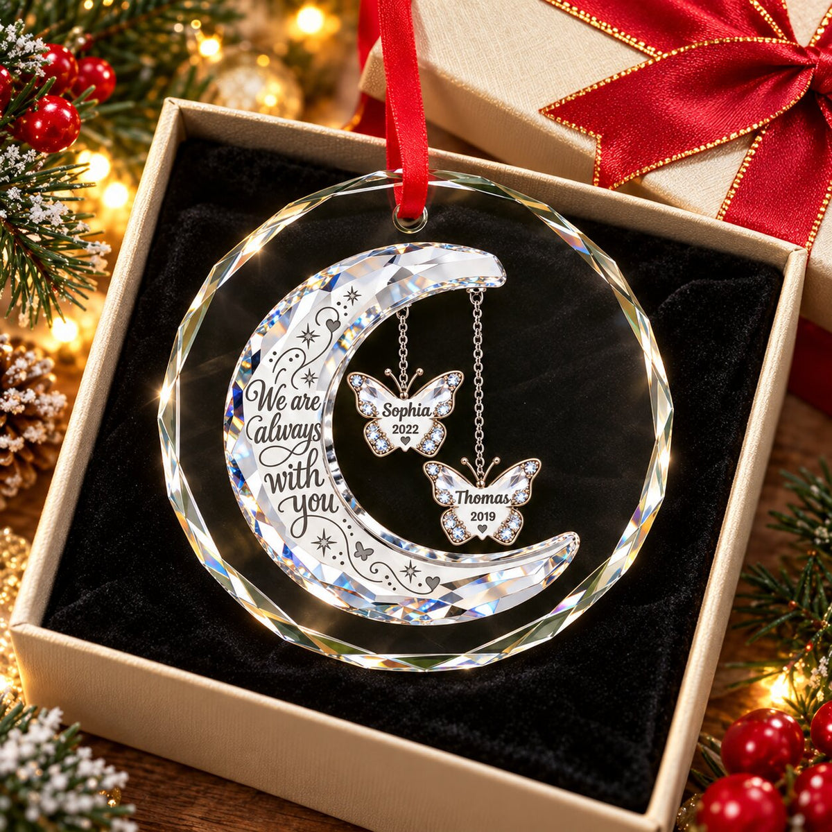Always With You Memorial Crystal Moon & Butterfly Ornament 2D Flat - Personalized Glass Ornament - Sympathy Gift