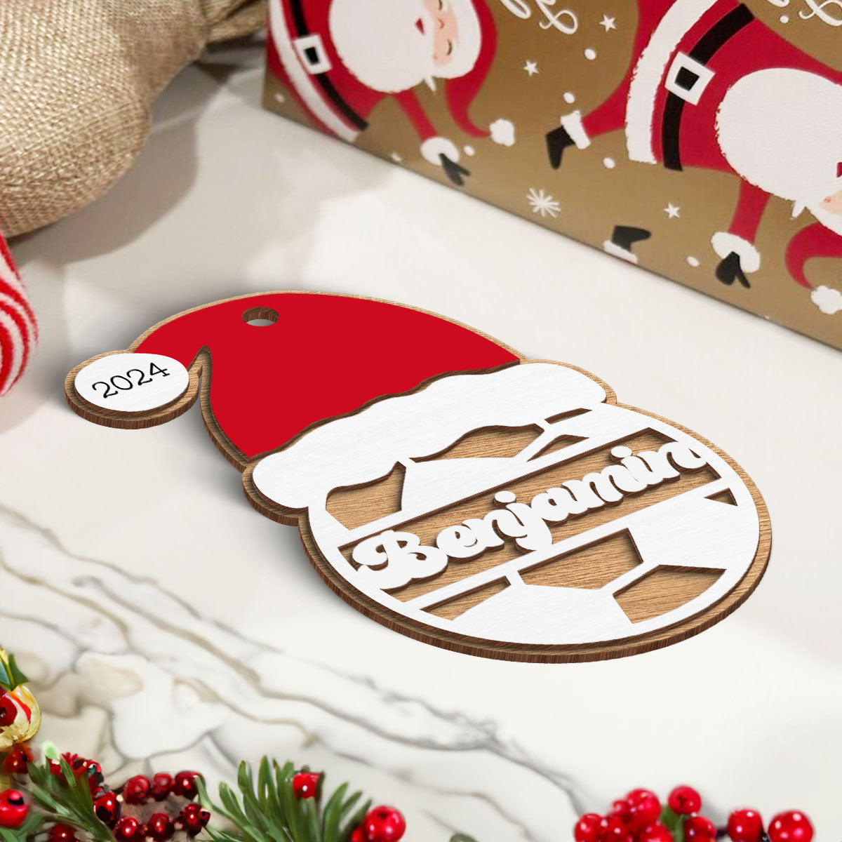 Sports Santa Hat With Name 2-Layered Wooden Ornament, Personalized Football Baseball Volleyball Basketball Soccer Ornament, Unique Christmas Gift For Kids