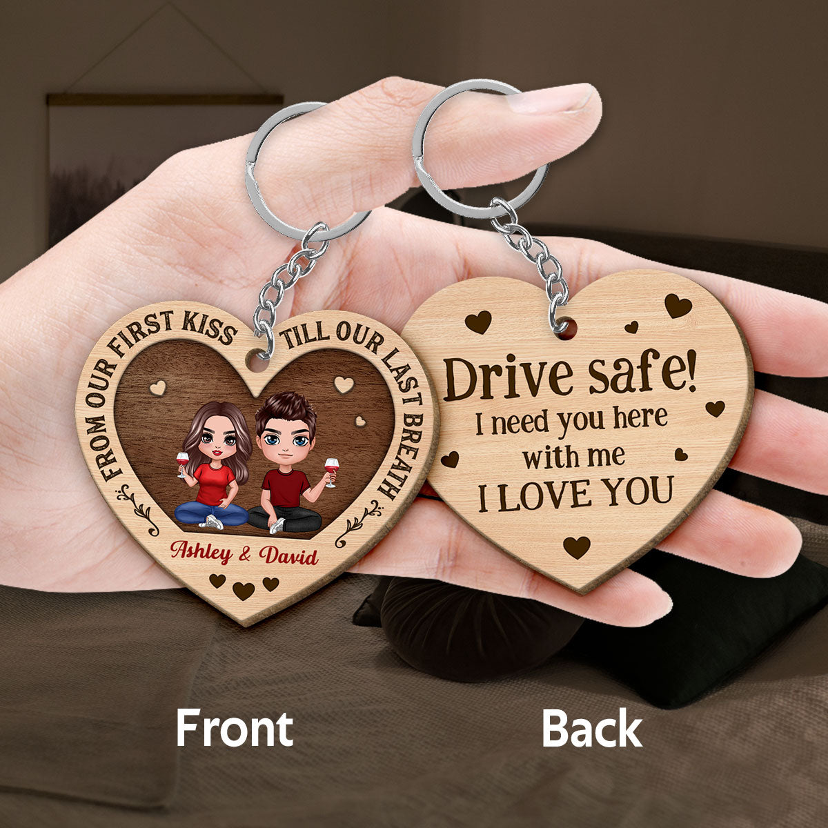 Doll Couple Kissing Drive Safe Gift For Him For Her Personalized Wooden Keychain