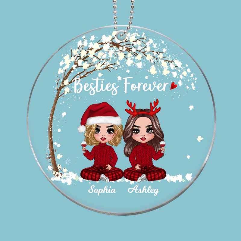 Doll Besties Sisters Sitting Under Tree Christmas Personalized Acrylic Ornament