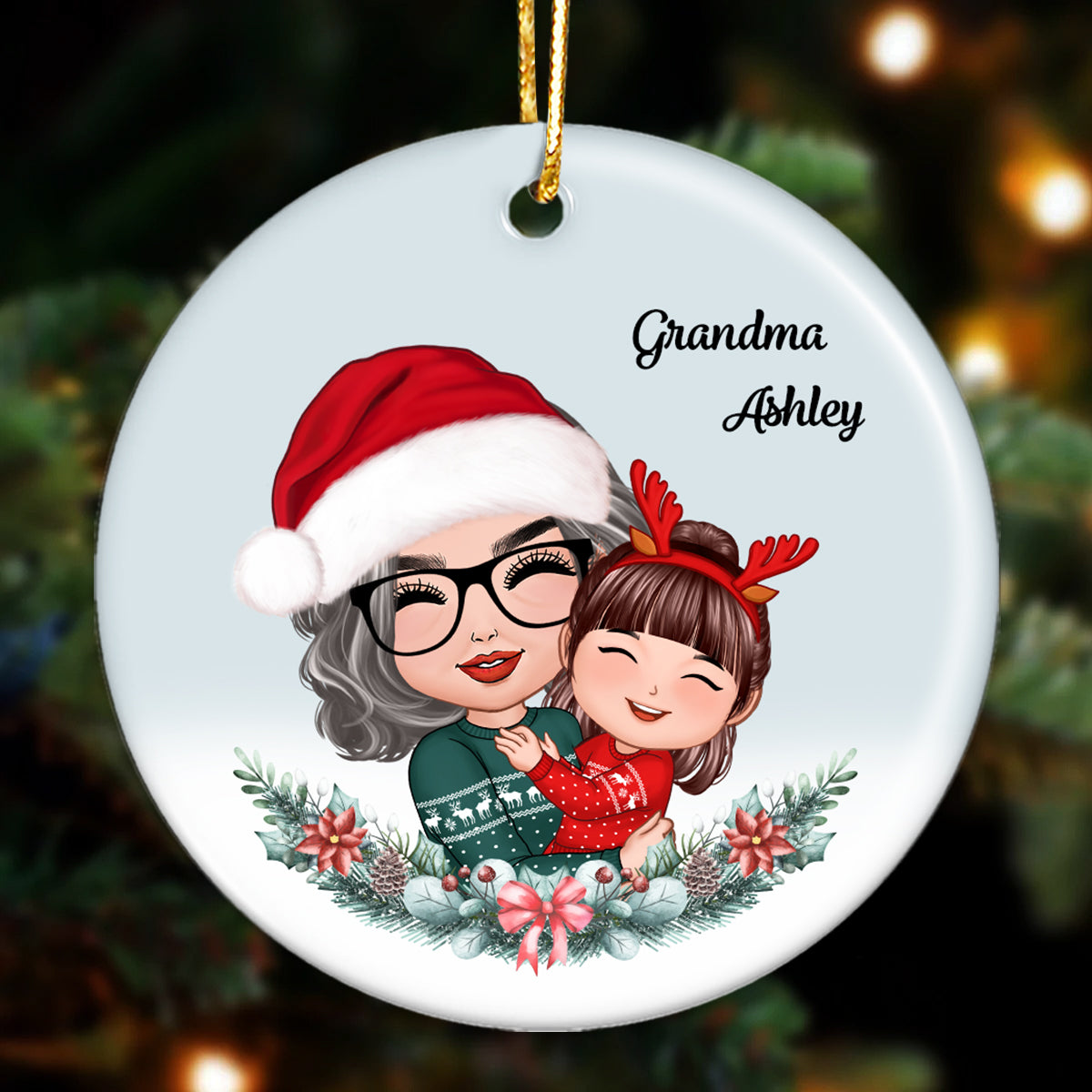 Grandma Hugging Grandkid Christmas Wreath Gift For Grandson Granddaughter Personalized Circle Ornament