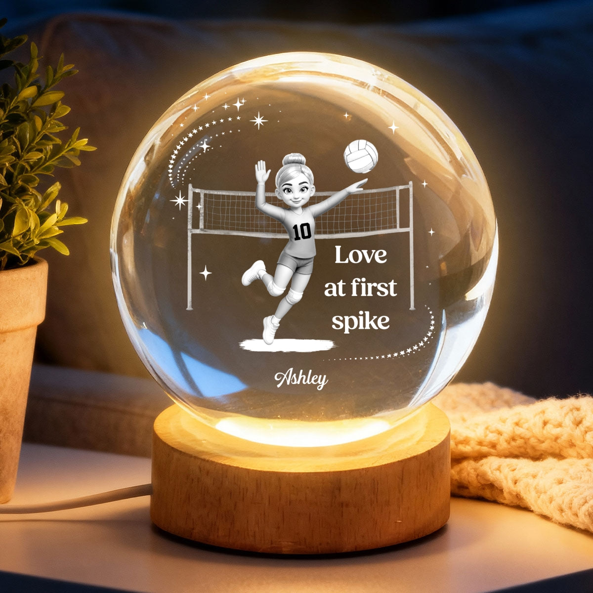 Love At First Spike Volleyball Player - Personalized Crystal Ball LED Night Light - Gift For Volleyball Players